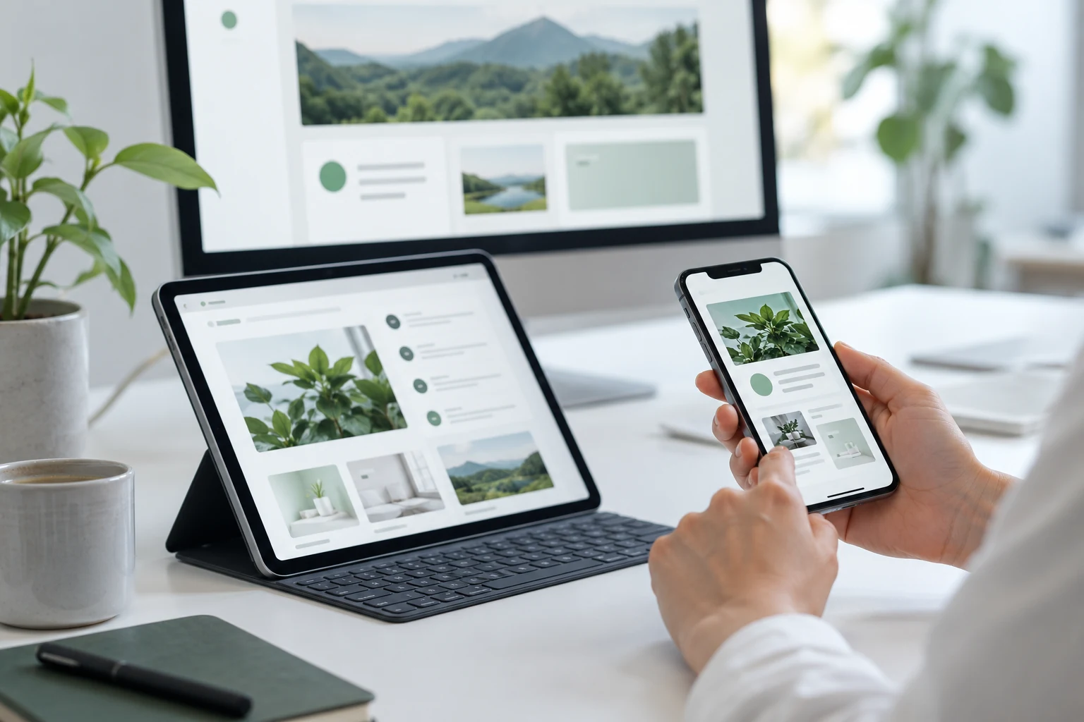PC、タブレット、スマートフォンでデジタルの情報を確認する手元（AI生成イメージ）