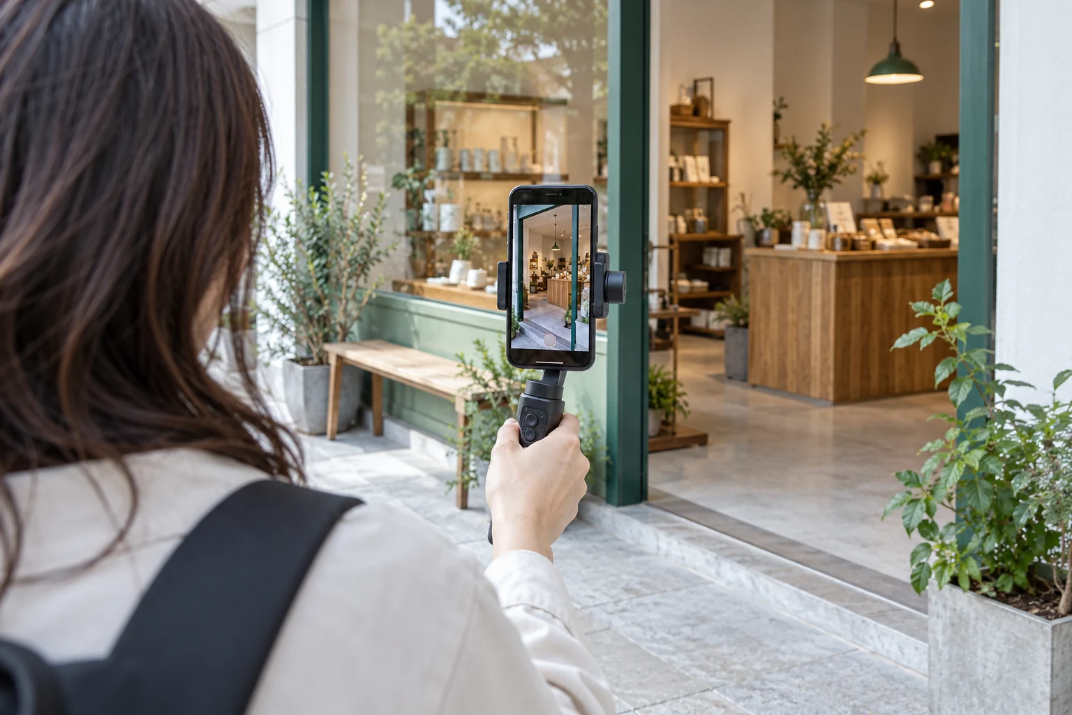店舗でSNS投稿用の料理写真をスマートフォンで撮影する手元（AI生成イメージ）