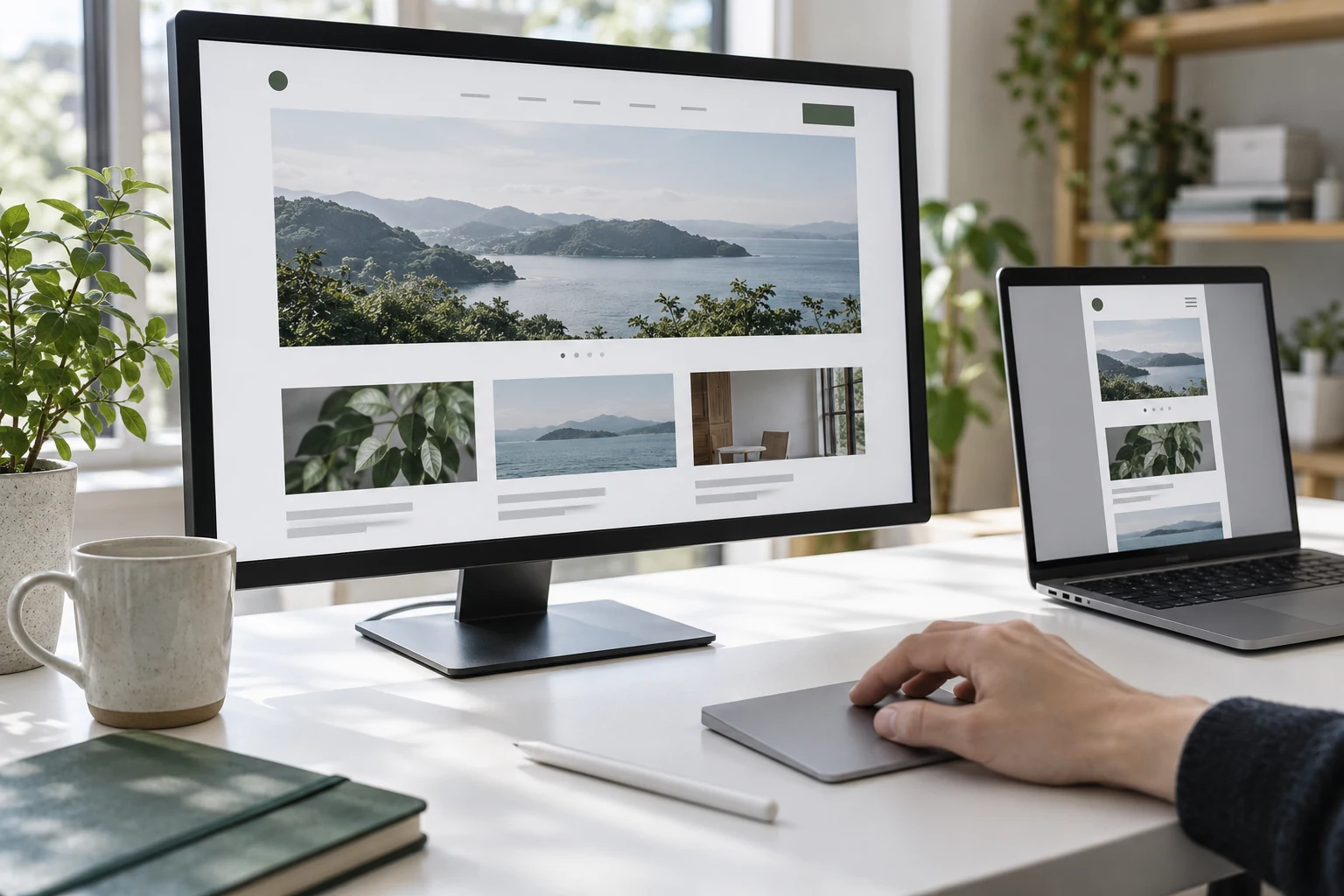 PCとスマートフォンのWebデザインを確認する手元（AI生成イメージ）