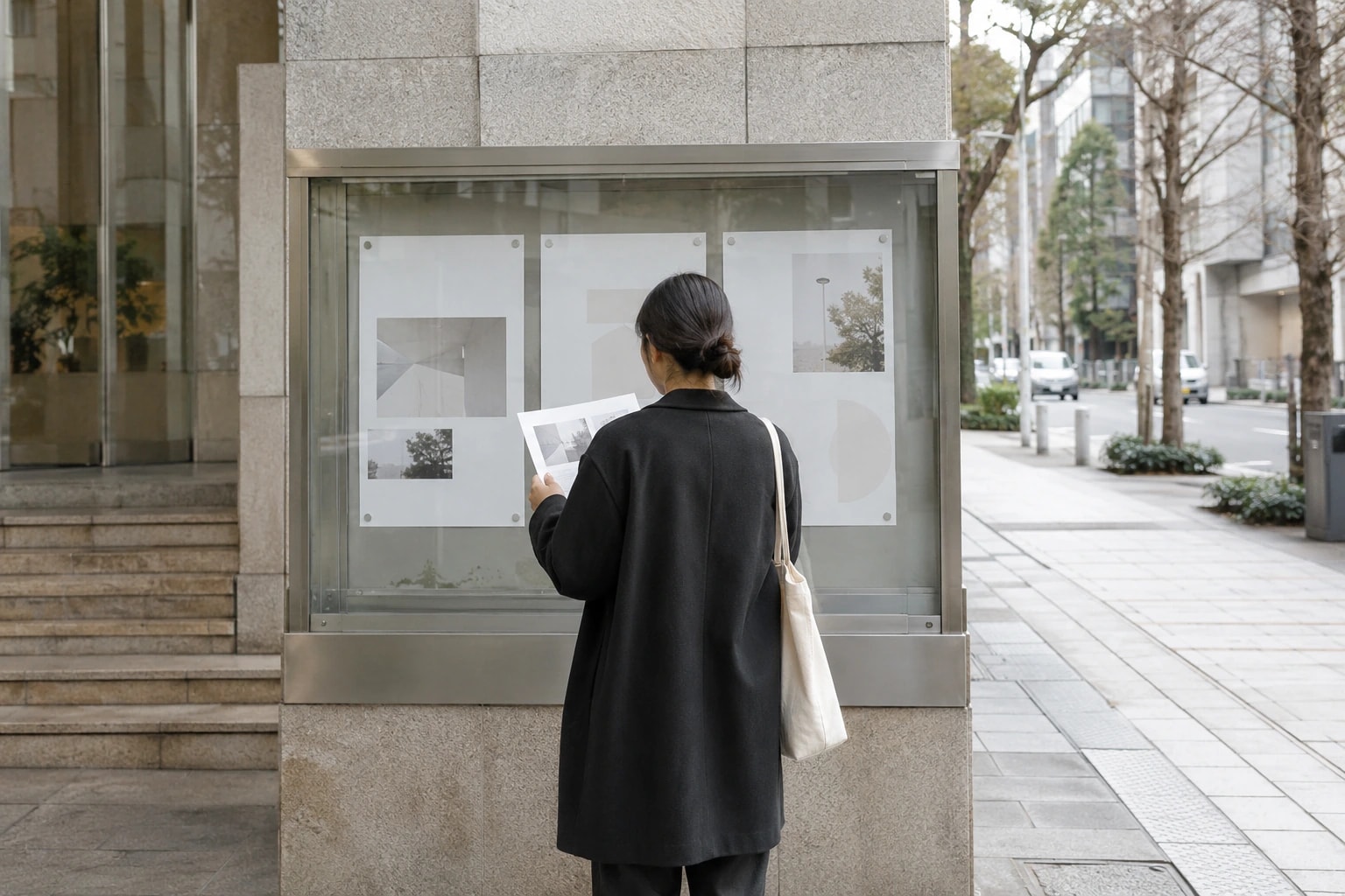 街の掲示場所で広告の見せ方を検討する場面（AI生成イメージ）