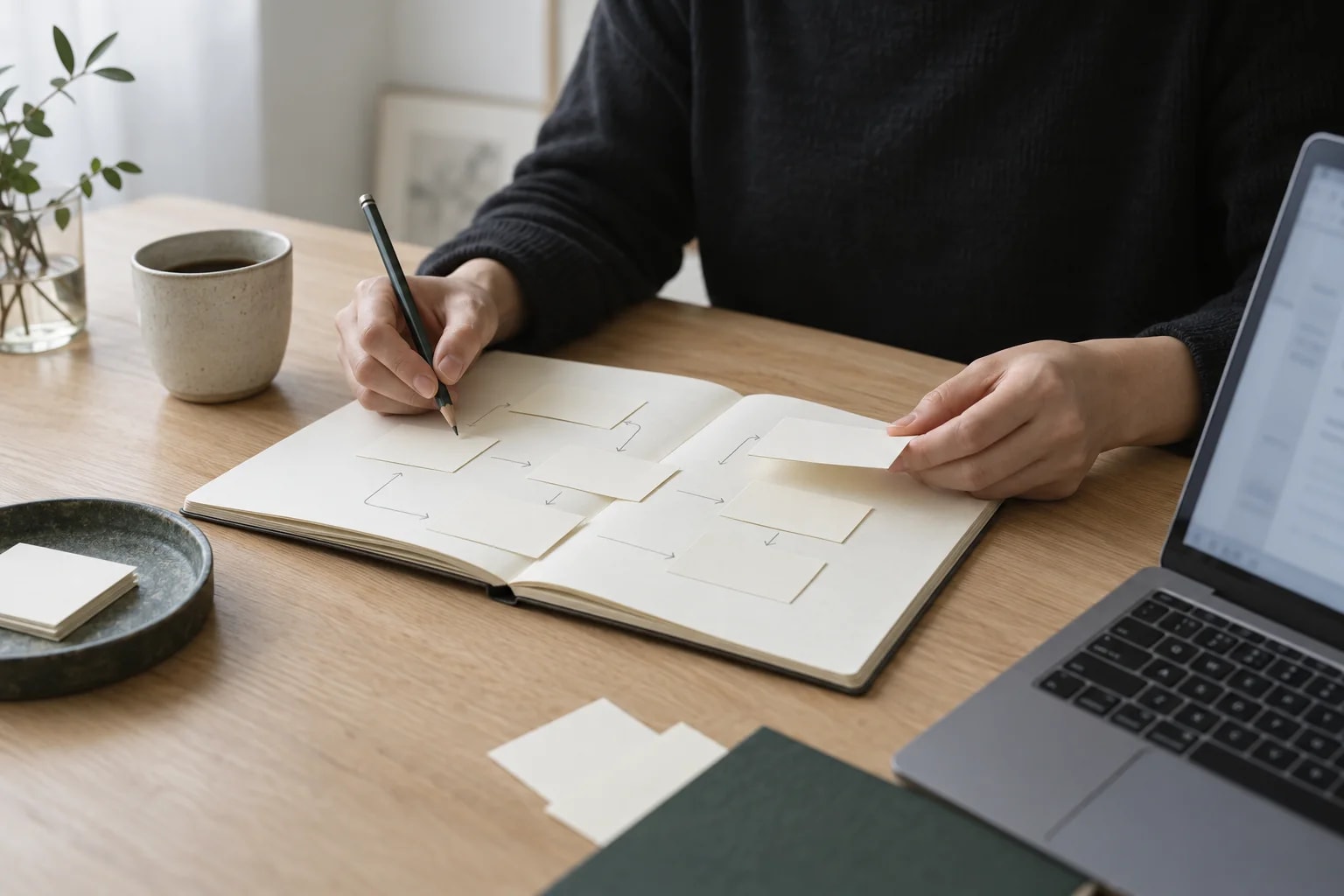 紙に描いた業務の流れと文房具（AI生成イメージ）