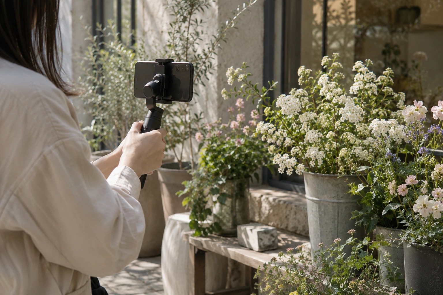 屋外の植物をスマートフォンで撮影する手元（AI生成イメージ）