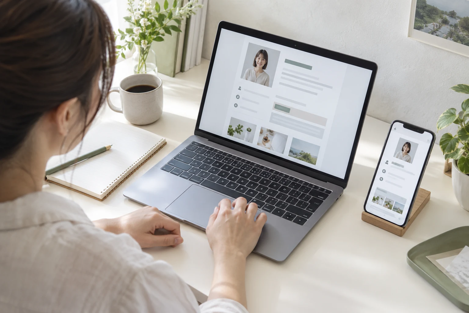 Web名刺のプロフィールをPCとスマートフォンで編集する作業（AI生成イメージ）